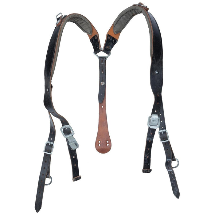 Original österreichische Vintage-Y-Strap-Hosenträger aus strapazierfähigem schwarzem Leder mit Metallclips und verstellbaren Trägern