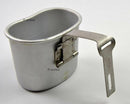 Original Belgian army aluminum canteen cup with foldable handle for outdoor and military use.