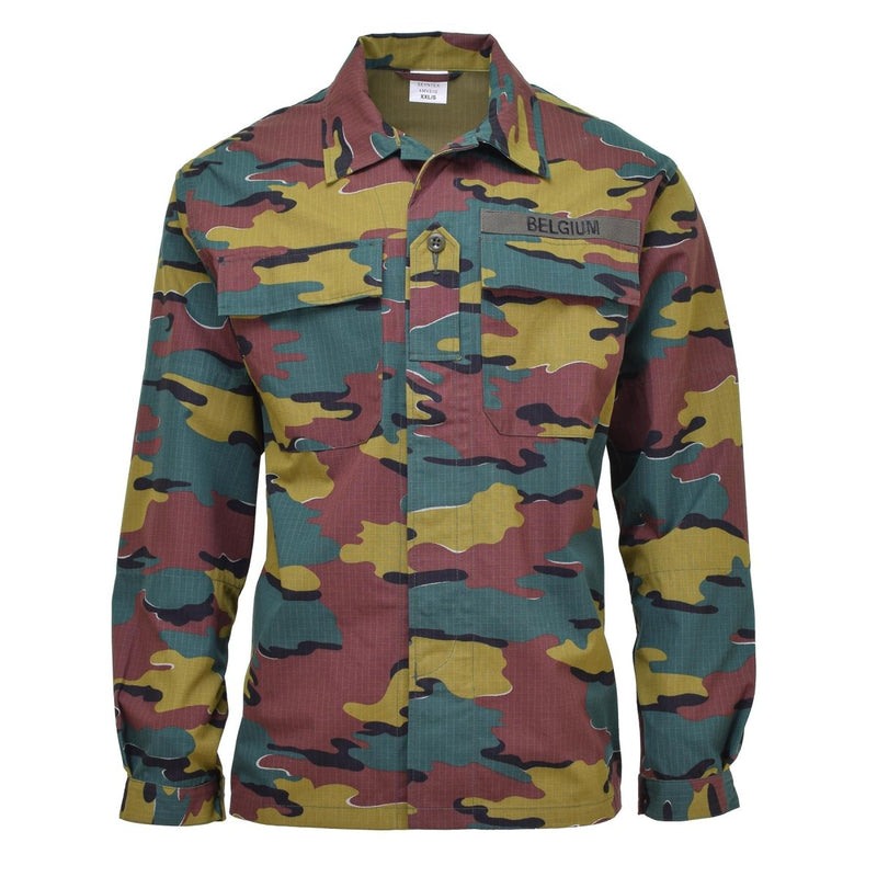 Original Belgian Army field combat shirt in jigsaw camouflage pattern, made with durable ripstop fabric and functional design.