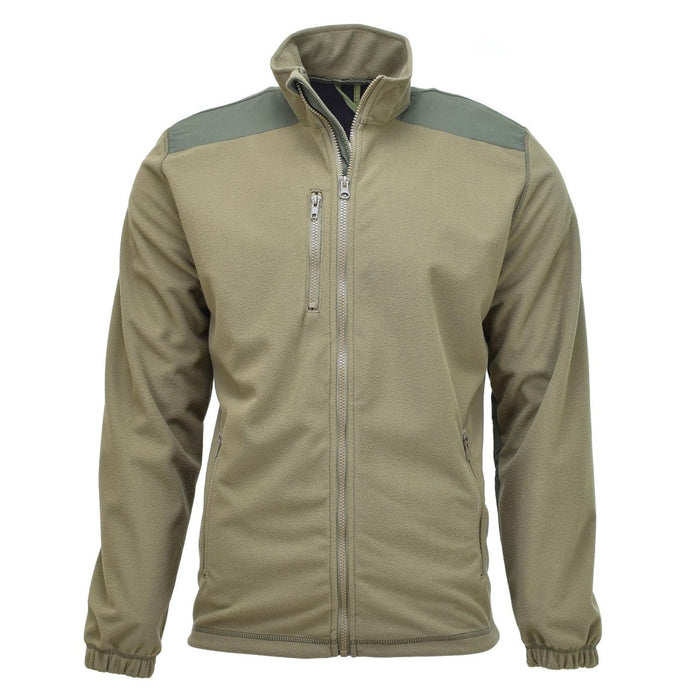 Olivgrüne belgische Militär-Fleecejacke mit durchgehendem Reißverschluss, Brusttasche und windabweisenden Softshell-Einsätzen an den Schultern.