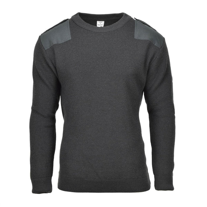 Dunkelgrüner, original belgischer Militärwollpullover mit verstärkten Schulteraufnähern und Rundhalsausschnitt