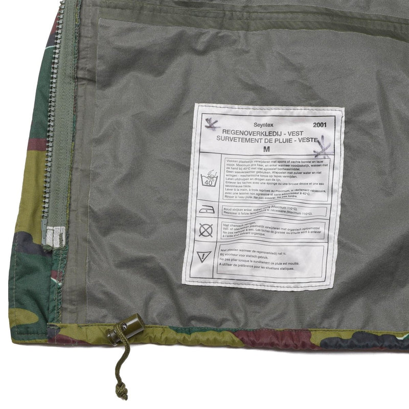 Inside label detail of original Belgian military waterproof jacket in jigsaw camouflage seyntex material