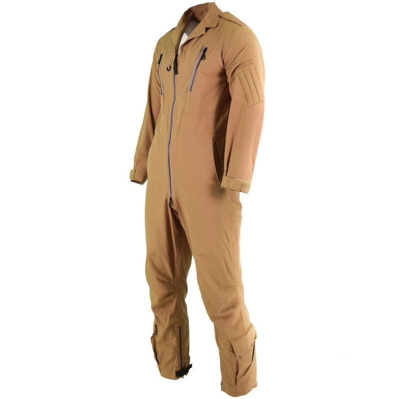 Beige Original British Army Aircrew MK 16 B RAF aramid flight suit coverall with zippered pockets and adjustable cuffs.