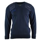 Navy blue British army police Commando Jumper sweater with V-neck, reinforced shoulders, and ribbed cuffs and waist.