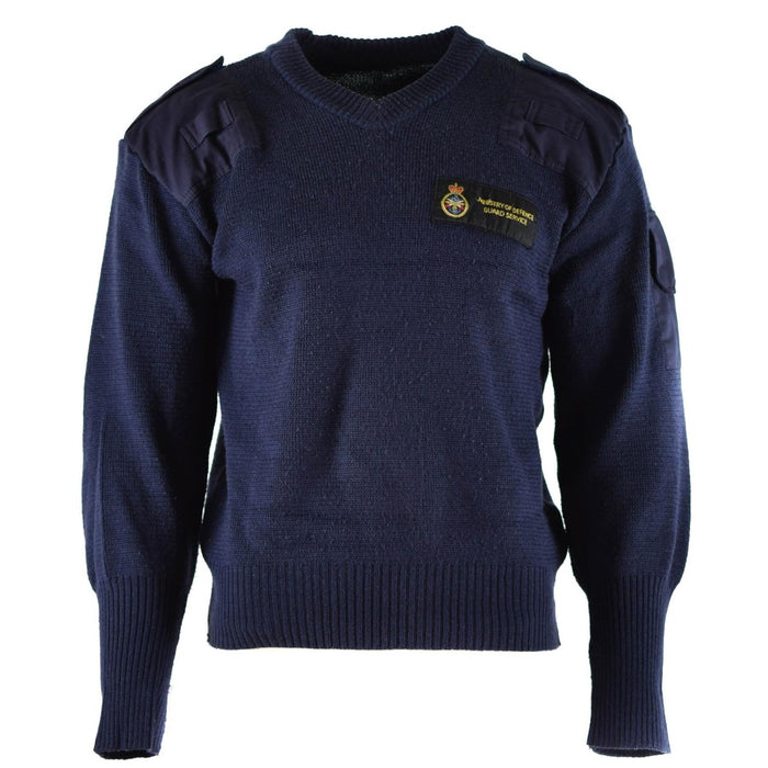 Originaler blauer Kommandopullover aus Wolle mit V-Ausschnitt, verstärkten Schultern und aufgesetzter Tasche des britischen Verteidigungsdienstes.