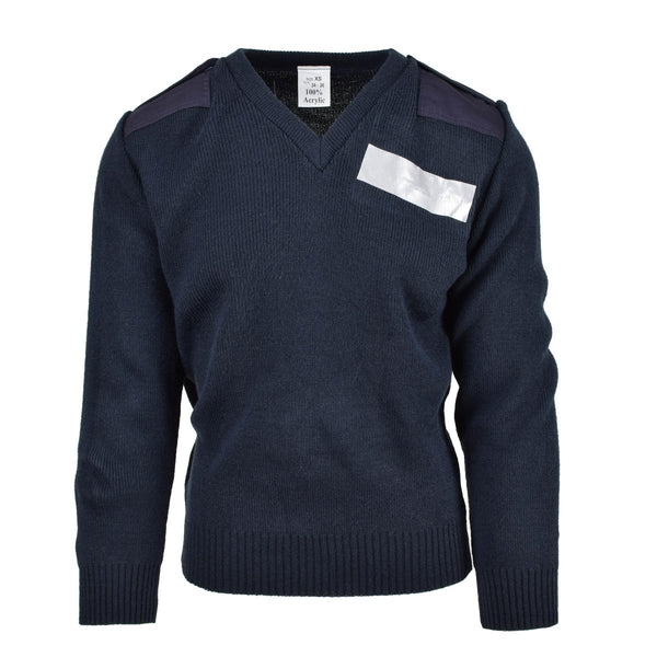 Original British navy blue ex-police V-neck pullover jumper with shoulder epaulets and chest pocket, durable and warm.