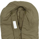 Olive British military sleeping bag with mummy design, heavy-duty zipper, and insulation for -15°C comfort and extreme cold protection.