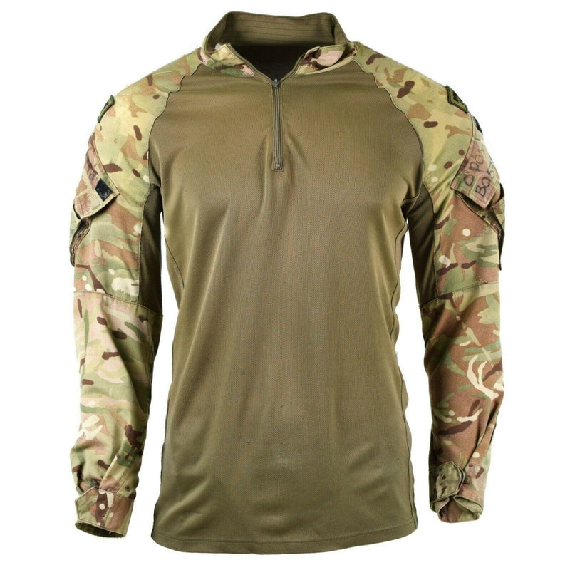 Original British UBAC MTP camo military sweatshirt with quarter-zip, reinforced elbows, and arm pockets for tactical use.