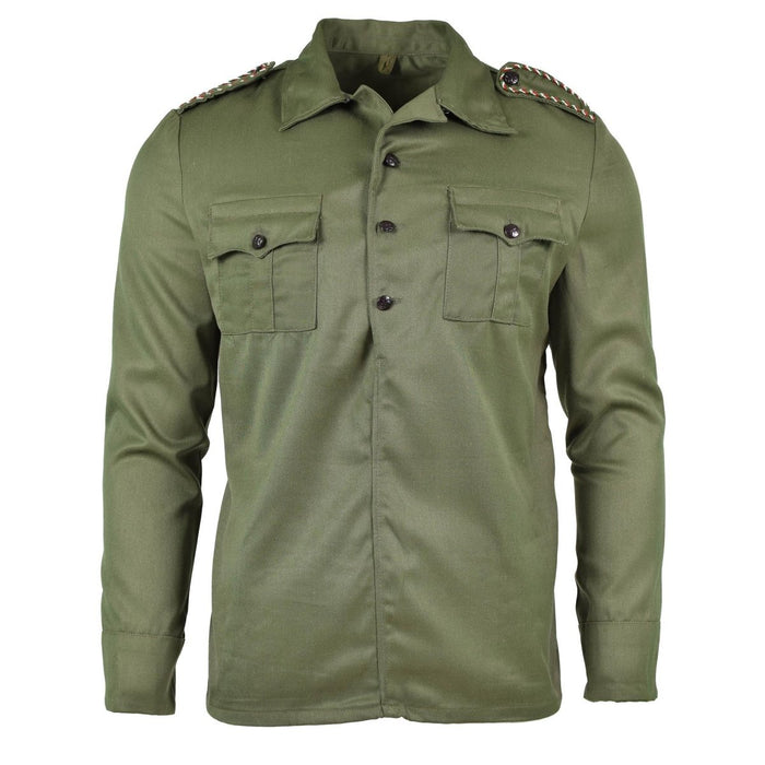 Original bulgarische armeegrüne olivgrüne Jacke mit Schulterklappen, Knopfleiste vorne und geknöpften Manschetten, neues Kampfhemd im Militärstil