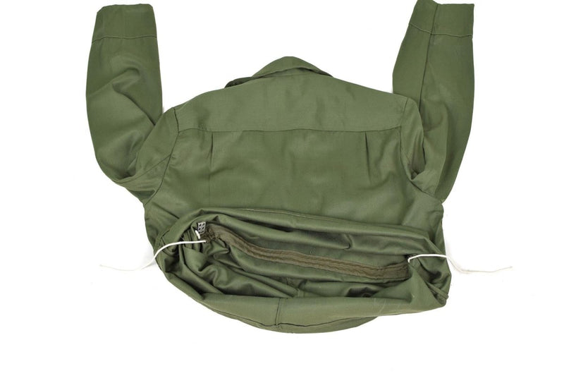 Original Bulgarian army green olive jacket laid flat showing back and inside lining with drawstring waistband.