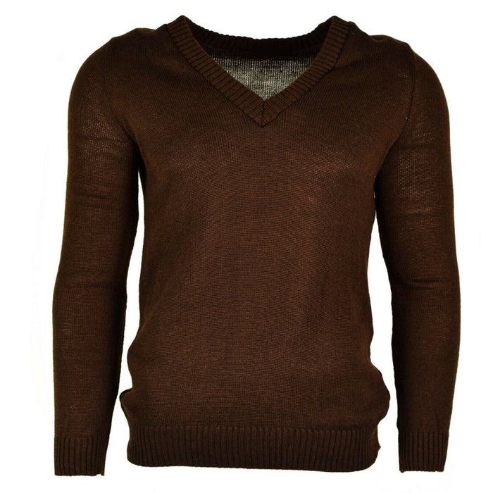 Originaler brauner Pullover der bulgarischen Armee mit V-Ausschnitt und gerippten Bündchen und Saum, strapazierfähige und warme Strickware im Militärstil.