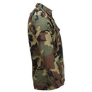 Croatian military issue cotton BDU shirt in woodland camouflage with long sleeves and multiple pockets side view