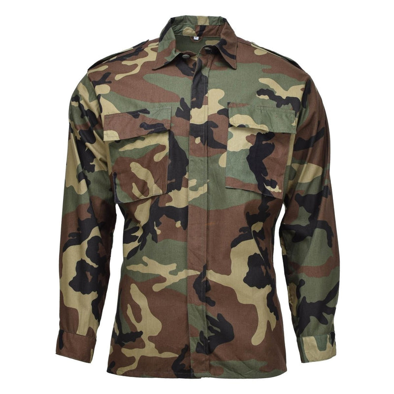 Original Croatian military woodland camo BDU shirt, durable cotton fabric with multiple chest pockets, long sleeve tactical design.
