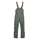 Olive green flame-resistant aramid bib pants with adjustable straps and multiple cargo pockets for rugged military use.