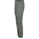 Side view of olive-green flame-resistant aramid cargo bib pants with zipper and adjustable ankle closures