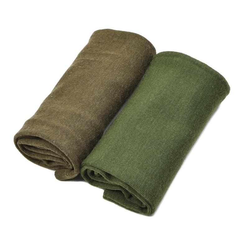 Two rolled original Czech army tube scarves in brown and green, designed for cold weather protection and warmth.