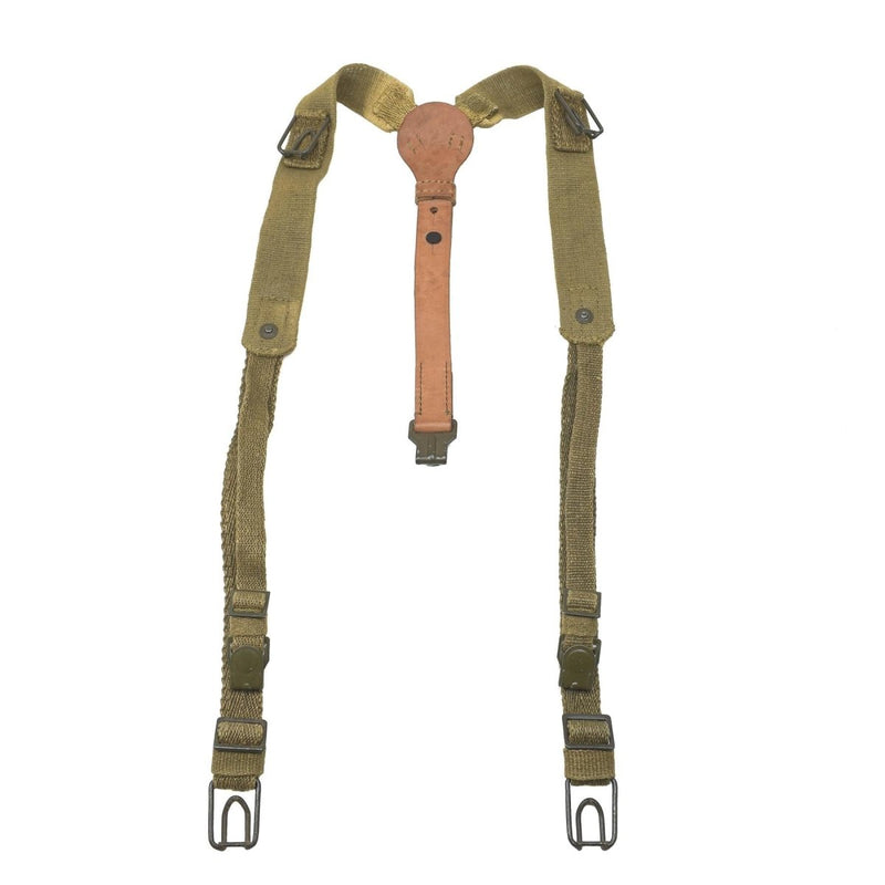 Original Czech Army Y-Strap suspenders made of durable olive canvas with leather reinforcements for military use.