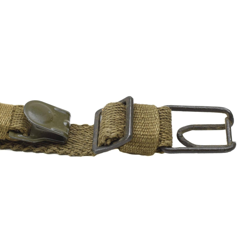 Close-up of original Czech Army olive canvas Y-strap with metal buckle and leather reinforcement detail