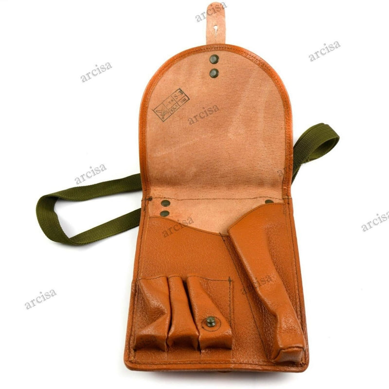 Vintage Czech flare gun signal pistol case bag with magazine pouches, brown leather and green shoulder strap open view