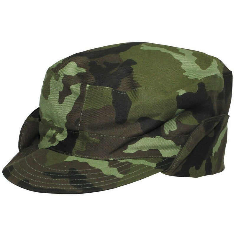 Original Czech Military M95 woodland camouflage field cap with neck cover, durable and breathable for outdoor use