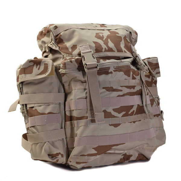 Original Czech Republic military 30l desert camo backpack with MOLLE system, quick-release straps, and large side pockets