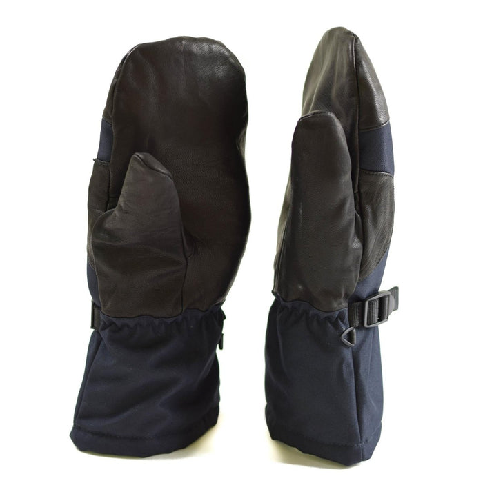 Originale marineblaue Fäustlinge der niederländischen Armee mit Ledergriff und verstellbarem Handgelenk, konzipiert für extrem kaltes Wetter.