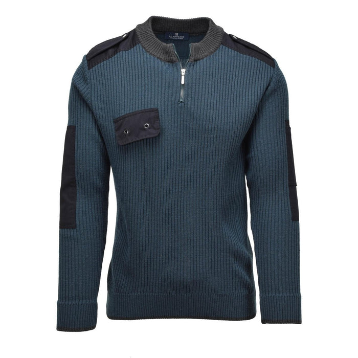Original niederländischer Armee-Rippstrickpullover, Viertelreißverschluss, verstärkte Ellenbogen, Petrolgrün – GoMilitar