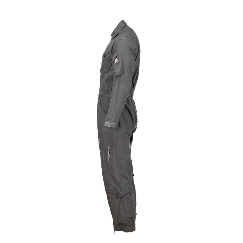 Side view of gray Dutch Military Air Forces fire-resistant Nomex pilot coverall with multiple pockets and zippers