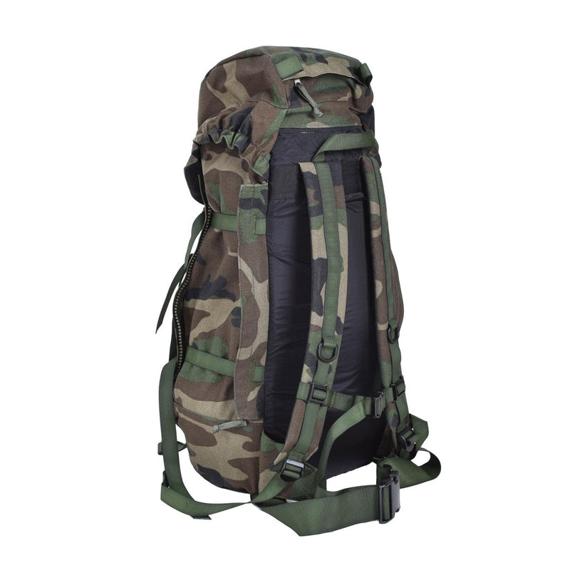 Dutch military woodland camouflage daypack backpack with padded straps and hip belt, durable 40L tactical rucksack for hiking and camping