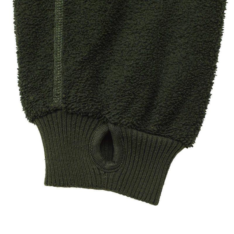 Close-up of olive green Dutch military fleece jacket sleeve with elastic cuff and thumb hole detail.