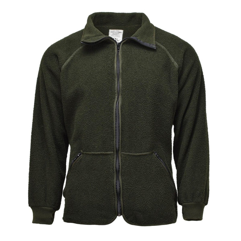 Olive green Dutch military fleece jacket with full zipper, stand-up collar, elastic cuffs, and warm soft thermal fabric.