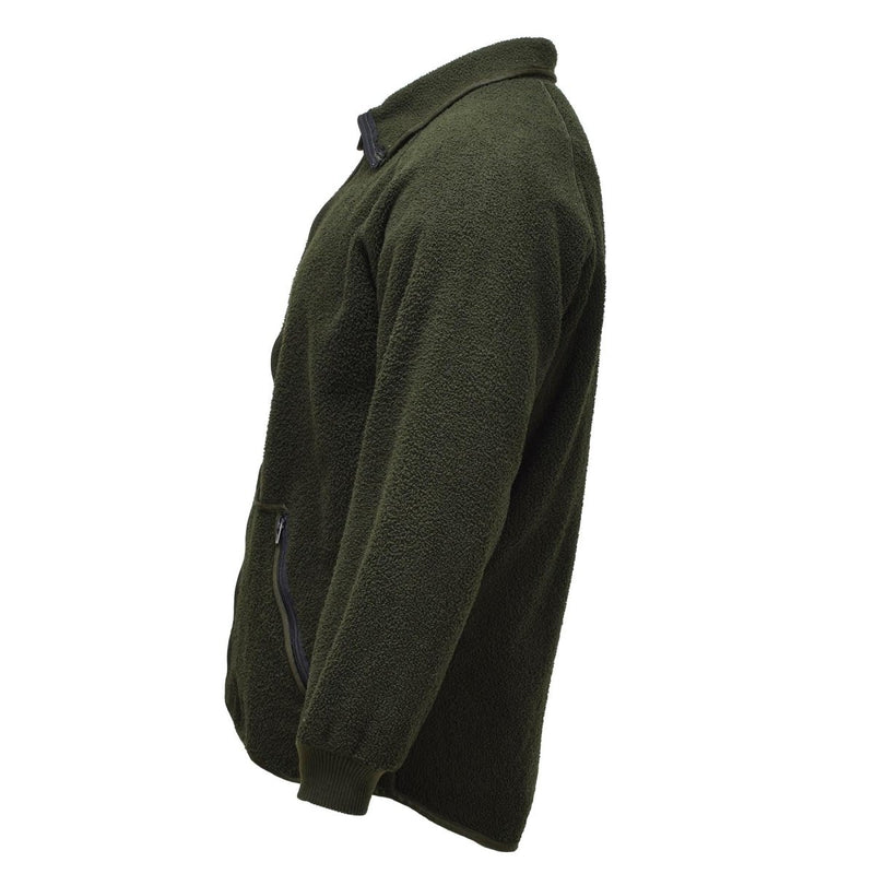 Olive green Dutch military fleece jacket with full zipper, stand-up collar, elastic cuffs, soft thermal insulation, and warm comfort.