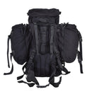 Black Dutch military backpack with detachable side pouches, padded straps, and multiple attachment points for hiking and camping gear.