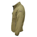 Olive green Original Dutch Military soft shell jacket with zippered pockets and vented armpits, side view on white background