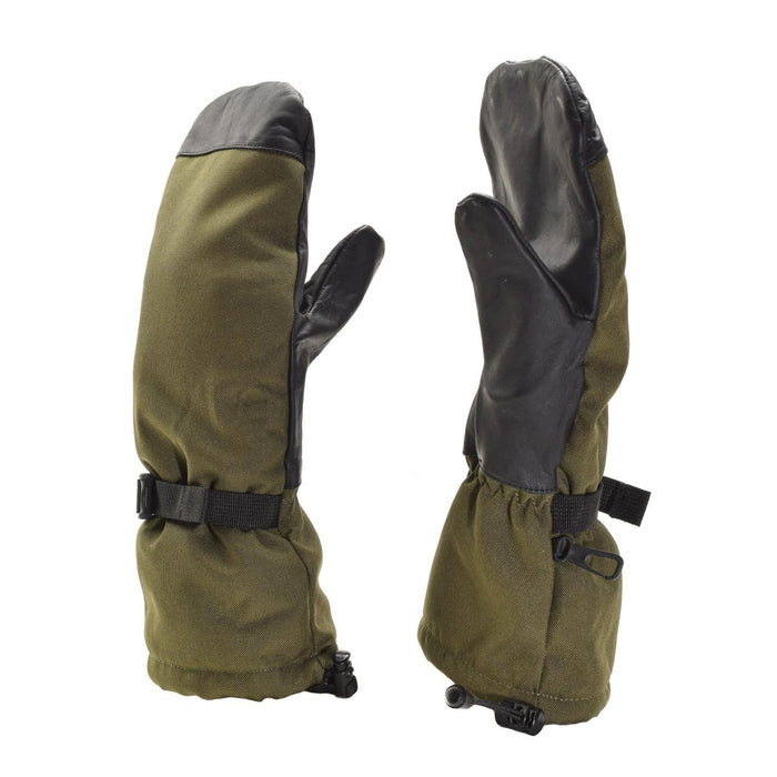 Original holländische Militär-Spezialeinheiten-Winterhandschuhe mit wasserdichtem olivgrünem Stoff und strapazierfähigen Lederhandflächen für extreme Kälte.