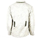 Reversible Finnish M62 army camo jacket in white winter pattern, durable wool blend, large size, back view.