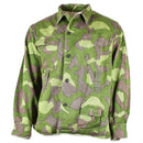Original Finnish army M-62 reversible camo uniform jacket in large size with green woodland pattern and multiple pockets