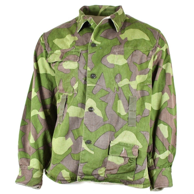 Original Finnish army M-62 reversible camo uniform jacket in large size with green woodland pattern and multiple pockets