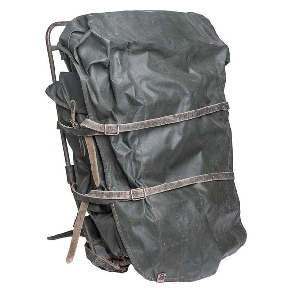 Vintage Finnish military waterproof backpack with metal frame, leather straps, and large 100L capacity for outdoor use