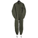 Original French Air Forces F2 flight suit in durable olive green fabric with multiple zipped pockets and adjustable waist.