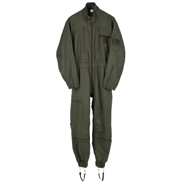 Original French Air Forces F2 flight suit in durable olive green fabric with multiple zipped pockets and adjustable waist.