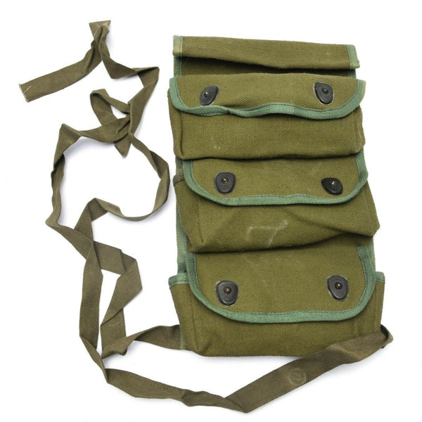 Vintage original French army grenade pouch with three cells, durable canvas and button closures for secure ammo storage