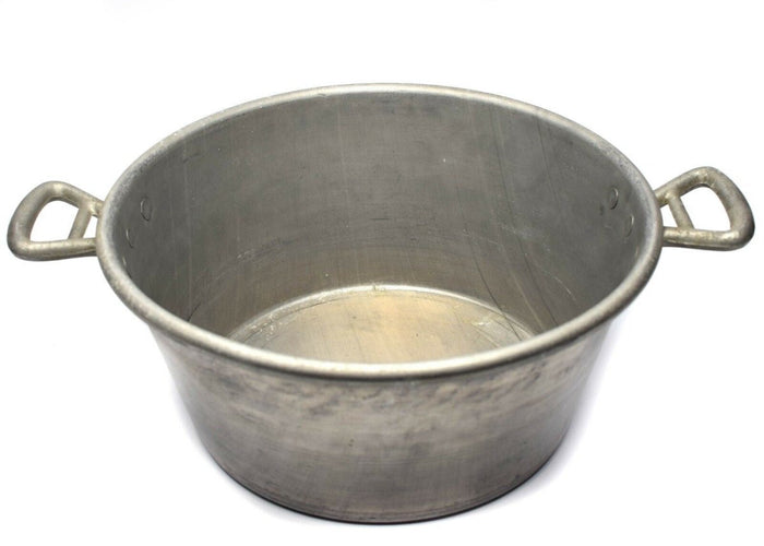 Großer Vintage-Kochtopf der französischen Armee aus Aluminium mit zwei Griffen, ideal für das Kochen im Freien und im Militärstil.