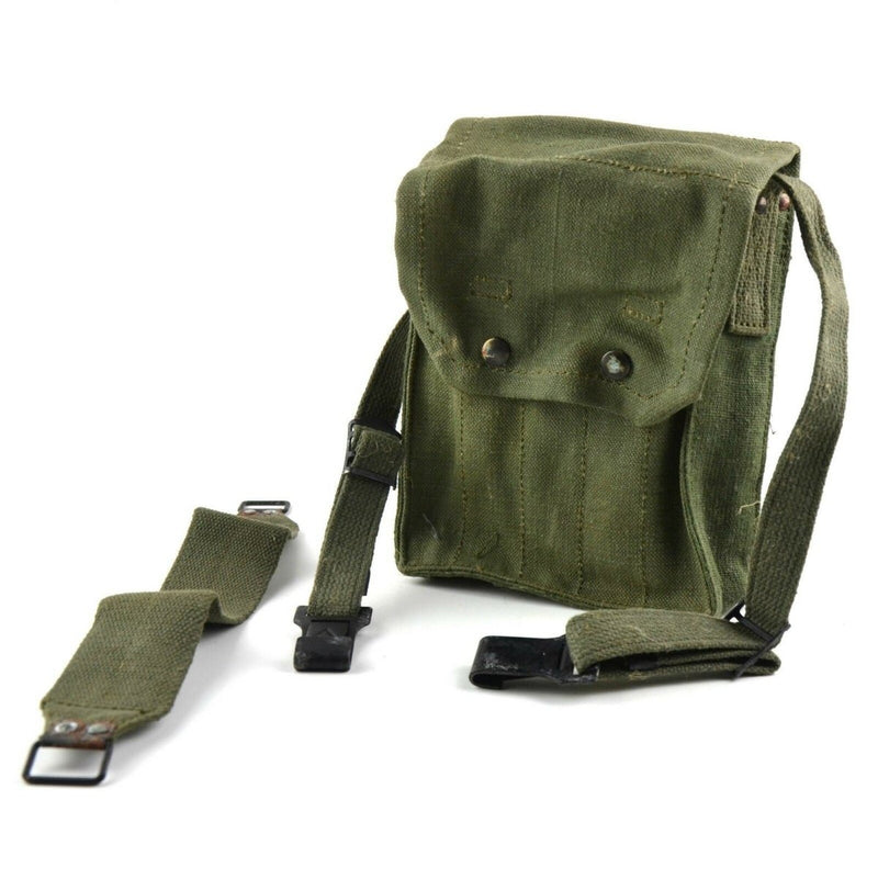 Original French Army 5-cell magazine pouch in olive green with strap and snap button closure for secure storage.