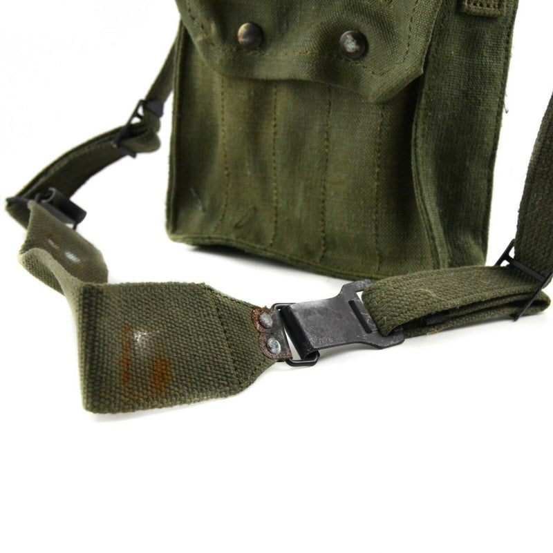 Original French Army green canvas magazine pouch with adjustable shoulder strap and secure clasp for five magazines.