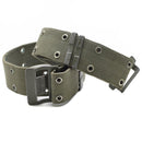 Original French Army Navy webbing belt in olive drab with metal buckle and reinforced eyelets for durability.