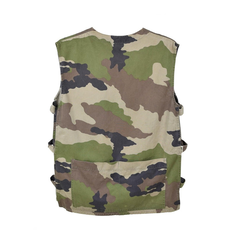 Back view of Original French army tactical combat vest in F2 CCE woodland camouflage pattern with multiple pockets and durable fabric