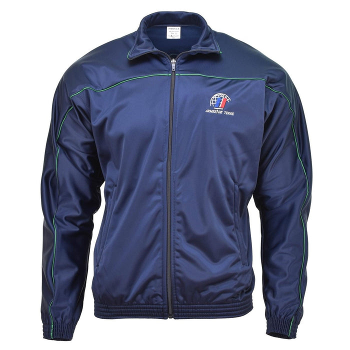 Original blaue Trainingsjacke der französischen Armee mit durchgehendem Reißverschluss, elastischen Bündchen und atmungsaktivem, leichtem Stoff.