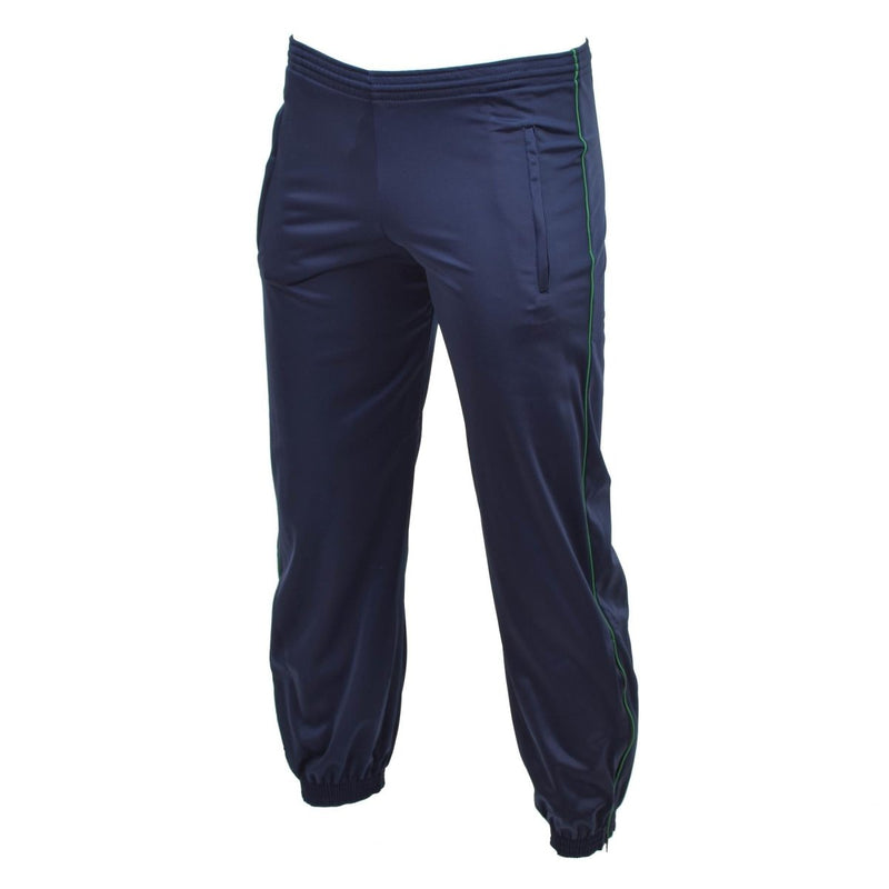 Navy blue French Army training jogger pants with elastic cuffs and side pockets for activewear and casual use.