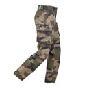 Original French military cargo pants in CCE camo with ripstop fabric and anti-mosquito treatment for outdoor durability.